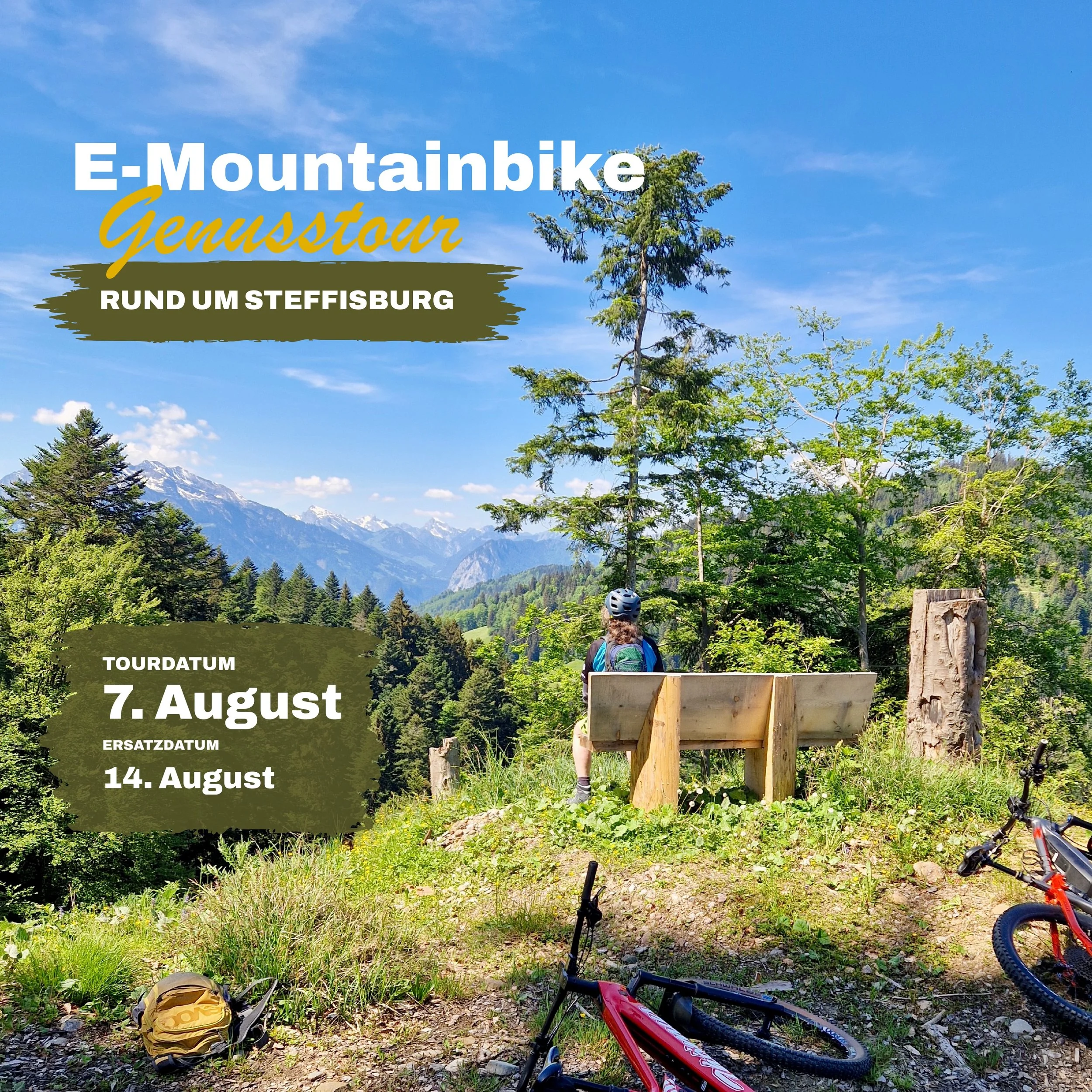Bist du dabei?😎

Unsere E-Mountainbike Genusstour rund um Steffisburg verbindet sch&ouml;ne Panoramen, leckeres Mittagessen und ein entspanntes Erlebnis f&uuml;r jedes Niveau.

📅 07. August 2026 (Ersatzdatum: 14. August 2026)

Mehr infos auf der We