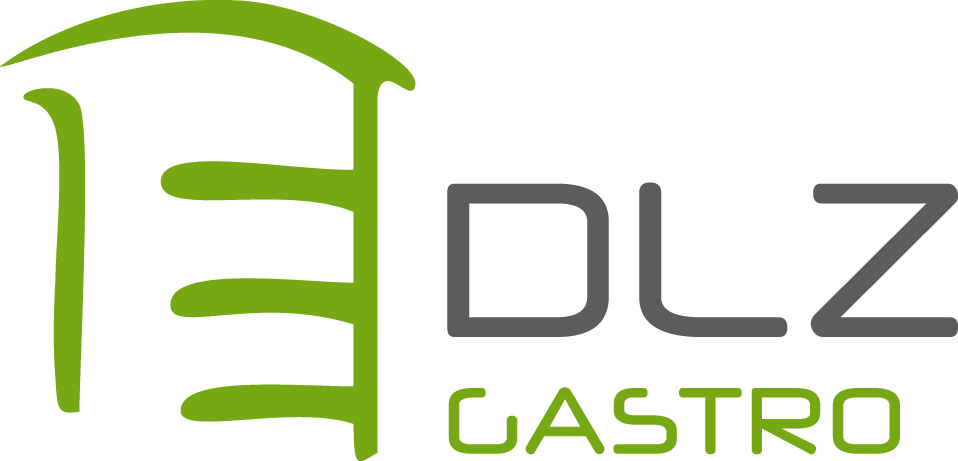 Logo mit einem stilisierten grünen Hieroglyphe über dem Text 'DLZ GASTRO' in Grau und Grün.