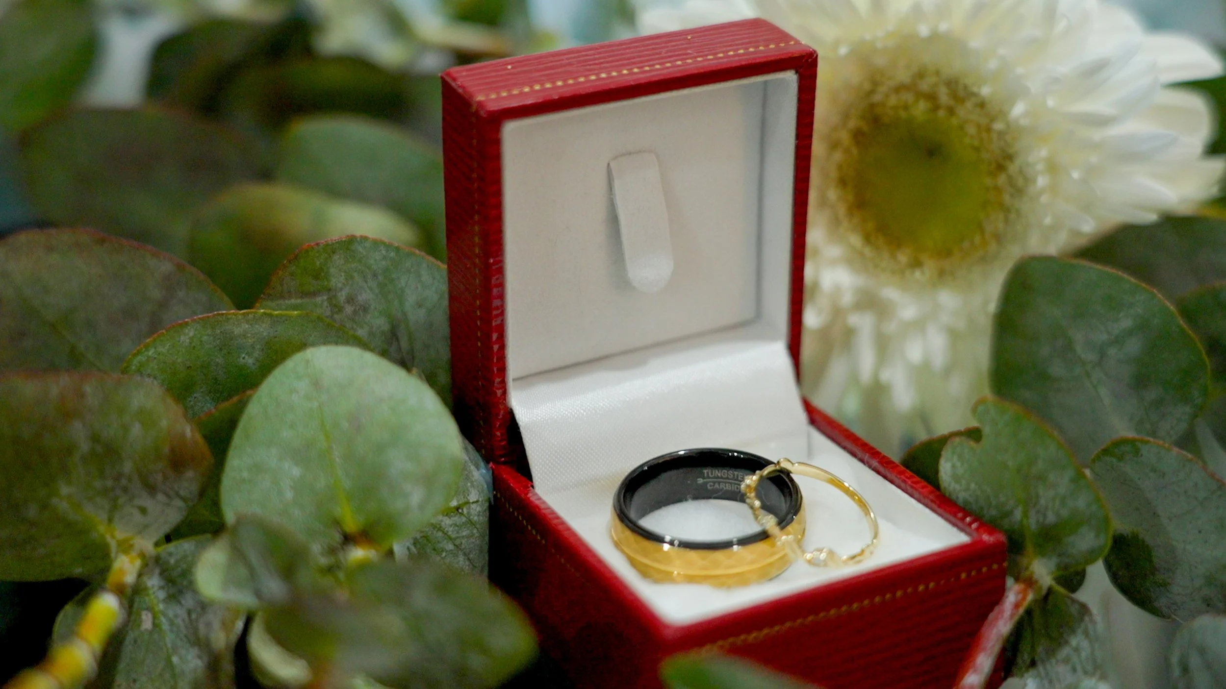Two rings in a red jewelry box surrounded by greenery and a white flower.