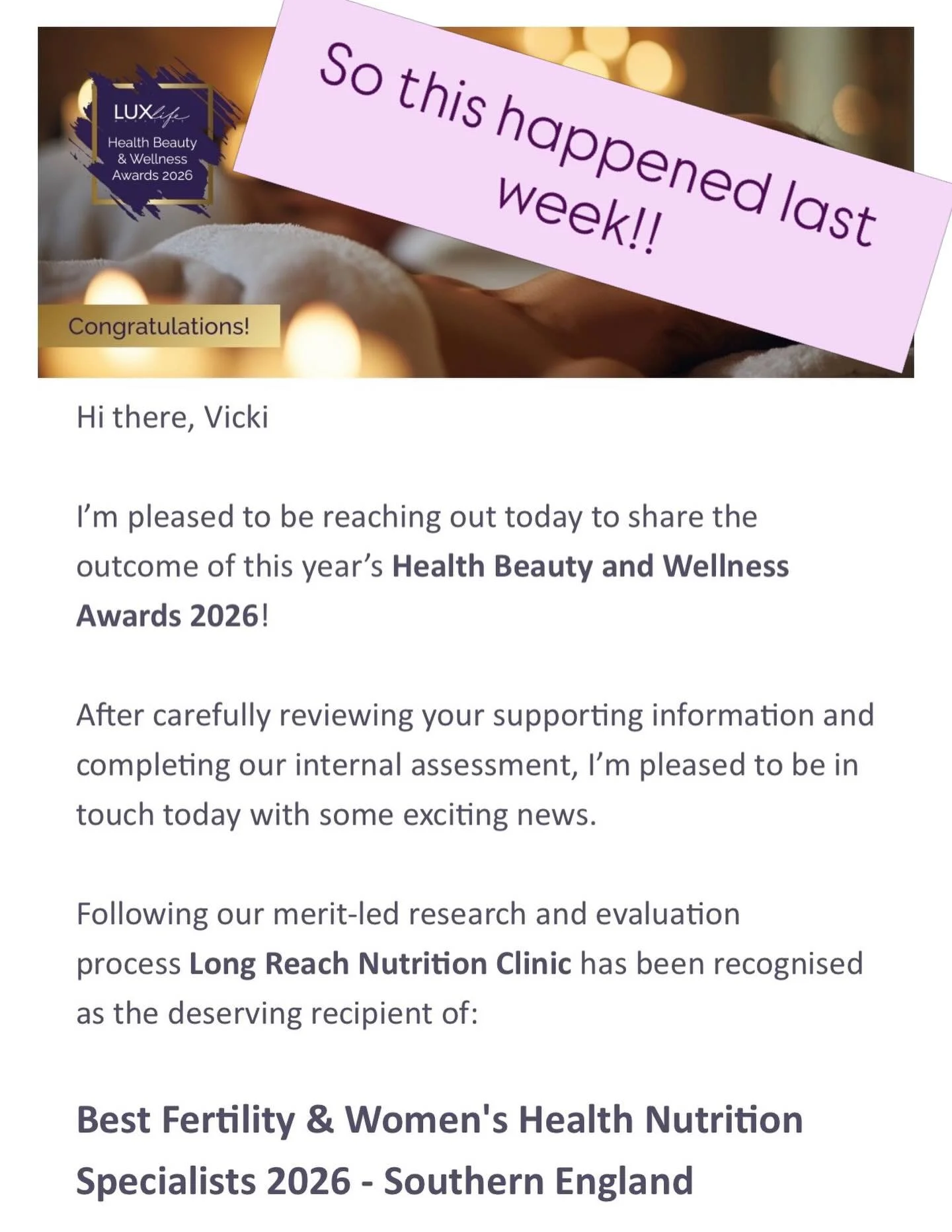 Beyond excited and proud to be originally nominated and then actually be awarded Best Fertility and Women&rsquo;s Health Specialist - Southern England!!

I absolutely love the work that I do and being in a position to help people achieve their dreams