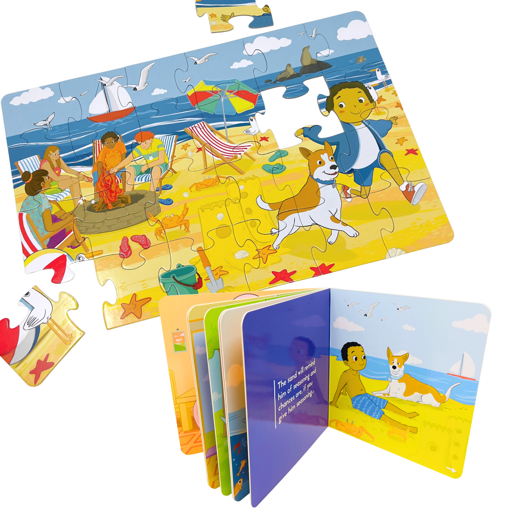 DM24PZLBK-SET_Upbounders - NEW Finished Puzzle and open Book Image (Low Tide at Ocean Beach).png