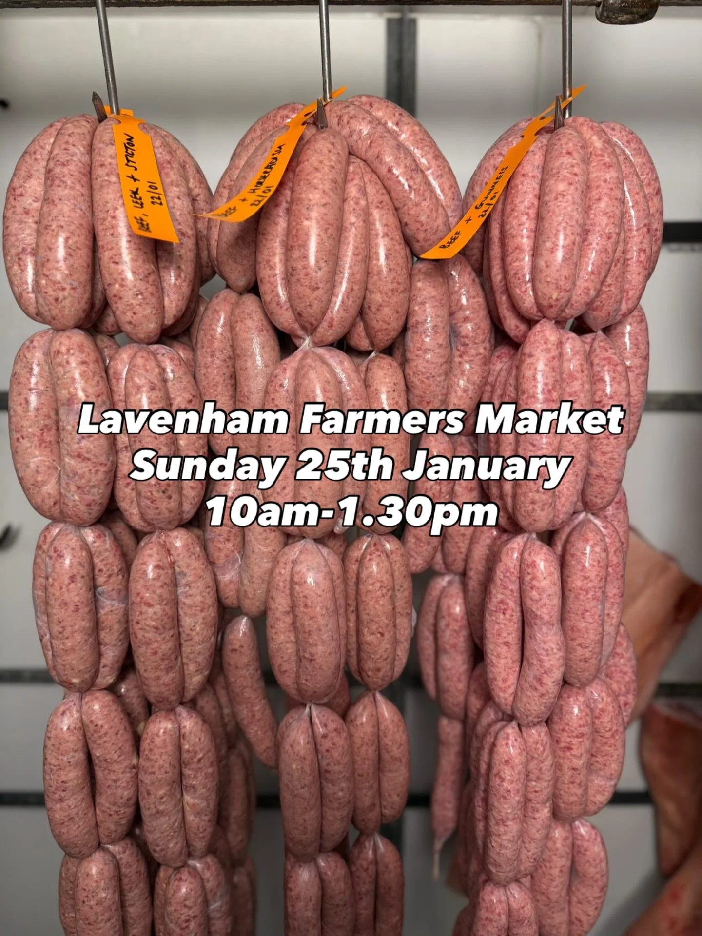 Want to try some beef, leek and Stilton, beef and horseradish, and/or beef and Guinness sausages? Come and find me at Lavenham Farmers Market this Sunday! I&rsquo;ll also have roasting joints, steaks, stewing steak, mince, burgers and more.

Look for