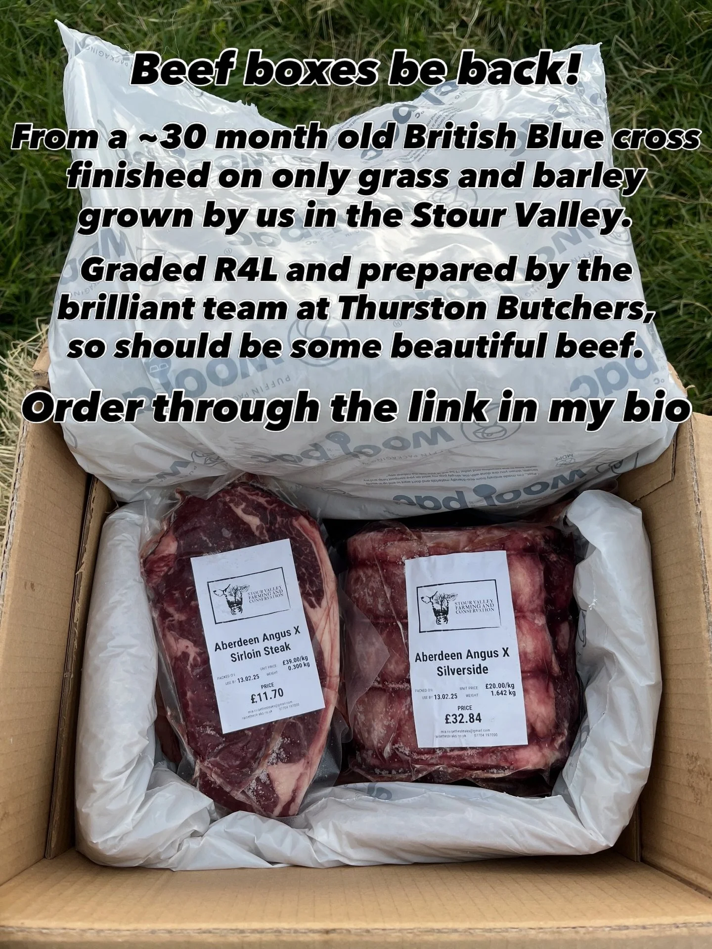 Beef boxes are back this weekend! For local delivery on Saturday or collection from Lavenham Farmers Market on Sunday, and nationwide postal delivery after that.

Should be some beautiful beef from a ~30 month old British Blue cross finished on the f