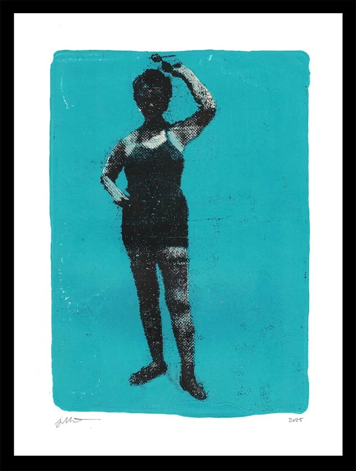 Street art stencil of a woman in a black dress standing against a blue background, with one hand on her head and the other on her hip, signed and dated 2023.