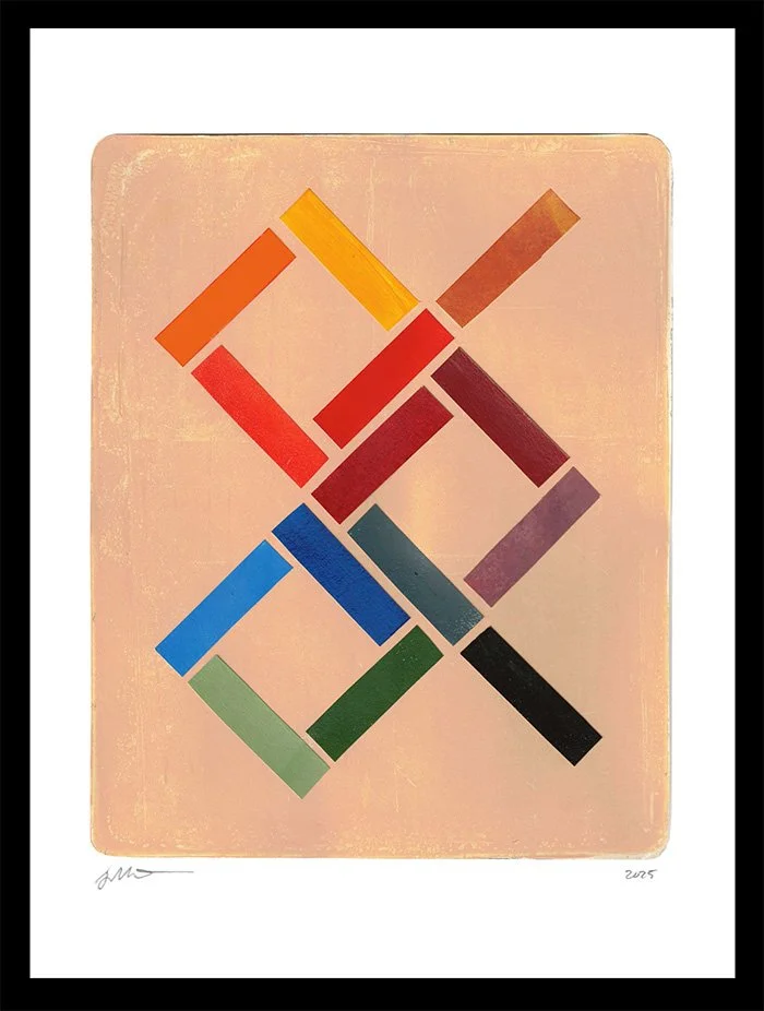 Abstract geometric artwork composed of colorful rectangular shapes arranged in a diagonal pattern on a peach background.