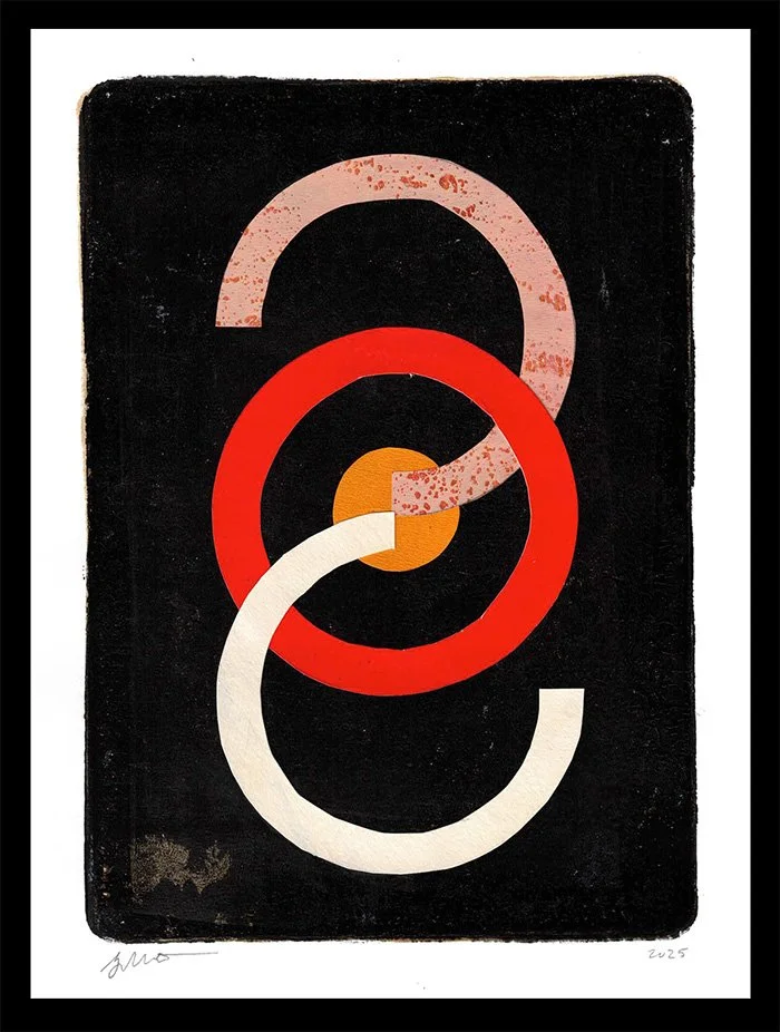 Abstract artwork with overlapping circular shapes in pink, red, white, orange, and black background.