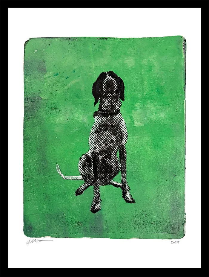 Street art of a dog painted on a green wall in a stencil style.