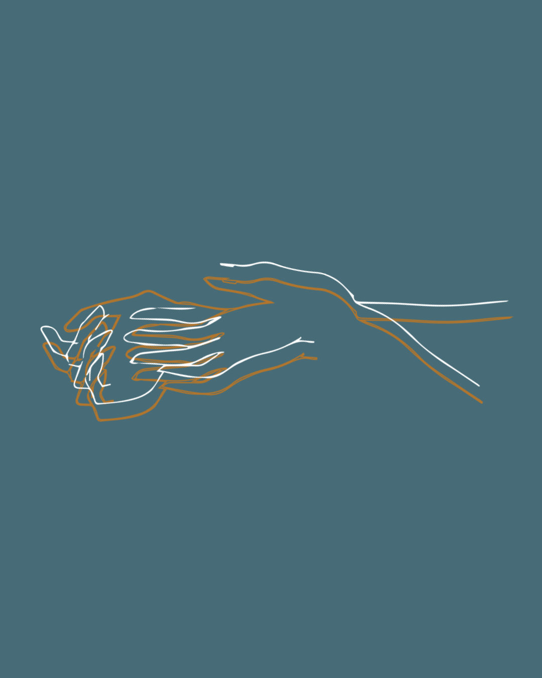 a line drawing of two hands in white and orange against a teal blue background
