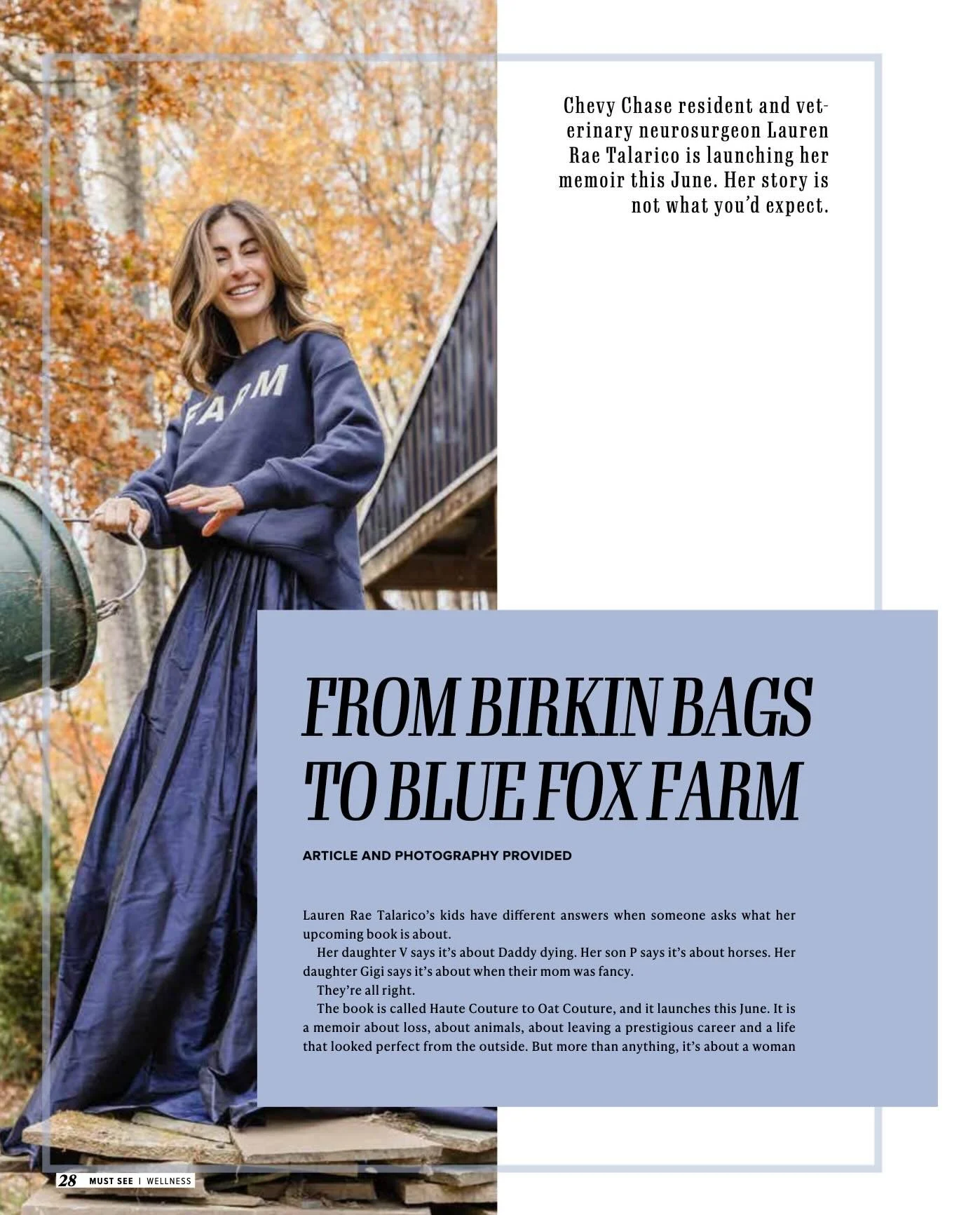 One of our favorite clients got the press she deserves!
@mamafarmette is featured in @chevychasecitylifestyle this month, written and photographed by our team. Dr. Lauren Rae Talarico&rsquo;s memoir Haute Couture to Oat Couture launches June 8th, and