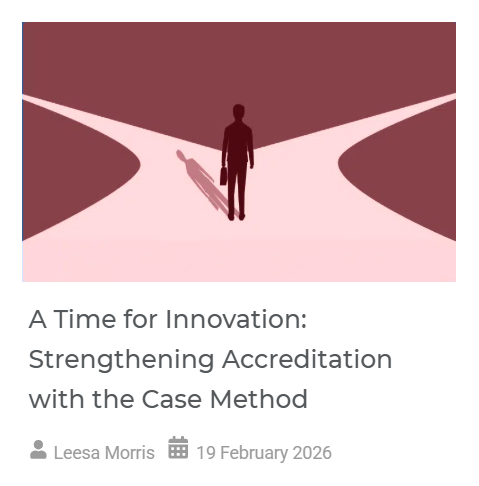 An image of a person with their back to the lens, setting off in a path that splits into a crossroads. Underneath, the caption reads: A Time for Innovation, Strengthening Accreditation with the Case Method