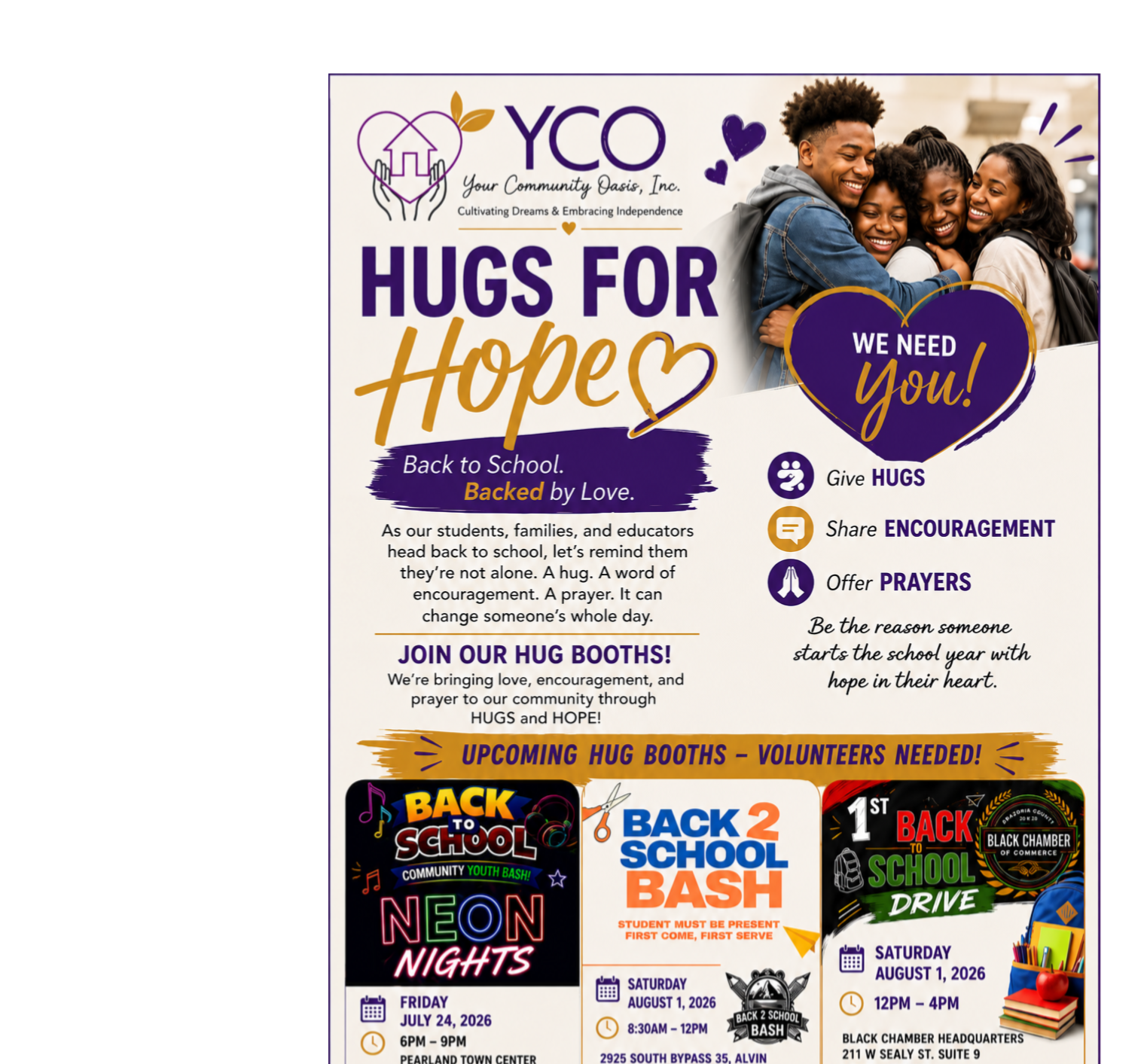 Join YCO Hugs for H.O.P.E. Back to School Events