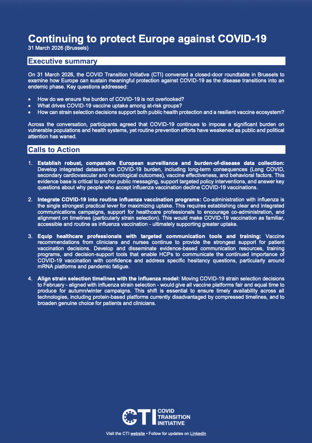 Continuing to protect Europe against COVID-19: Outcomes from the CTI’s roundtable