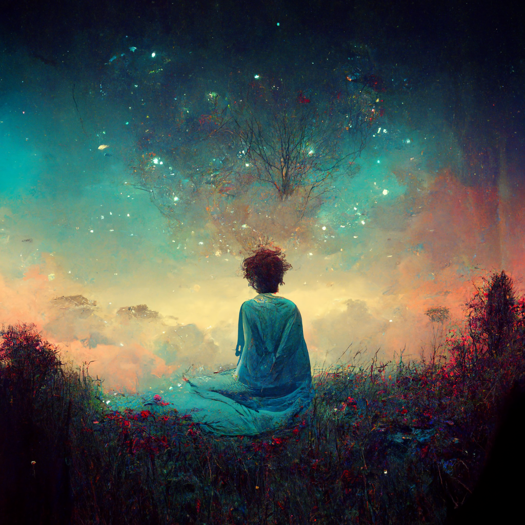 Person sitting down in field looking to sky with blue and orange