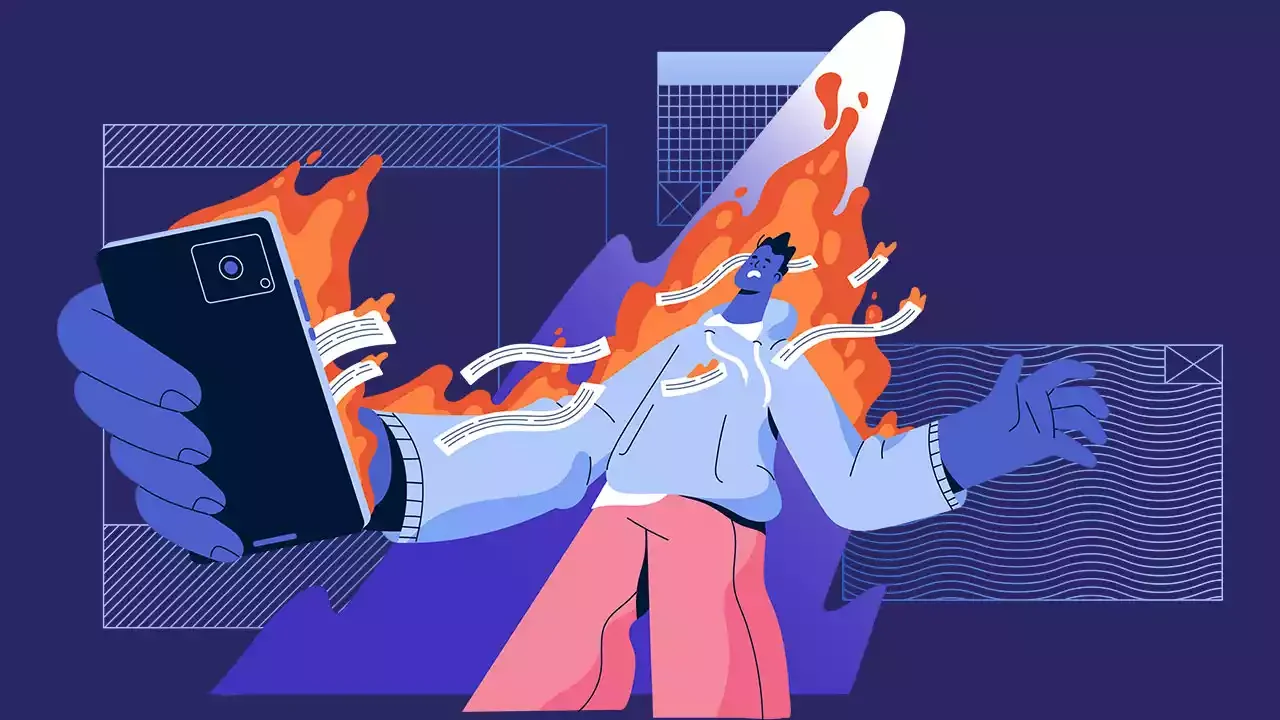 Graphic of man on fire with with mobile 