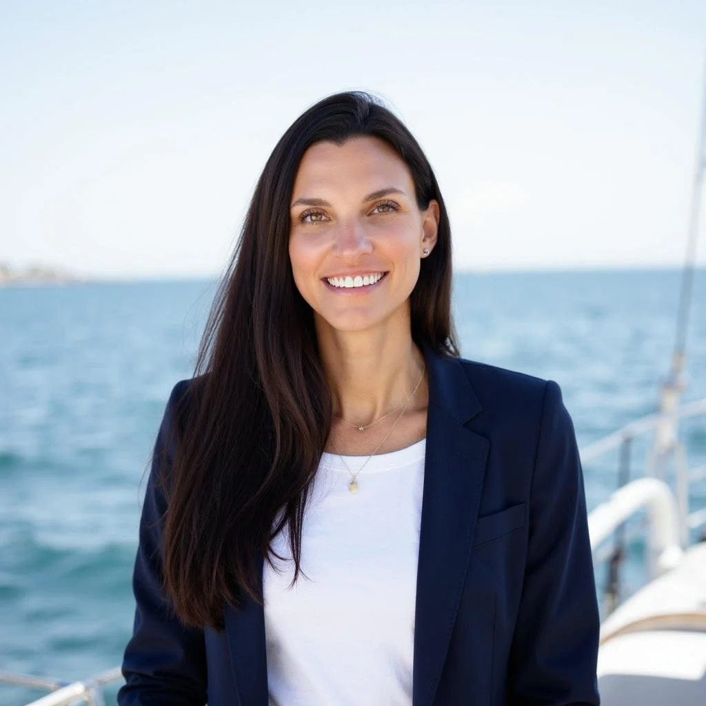 Headshot of a woman with long dark hair, smiling, wearing a white blazer and a pearl necklace, against a plain gray background.