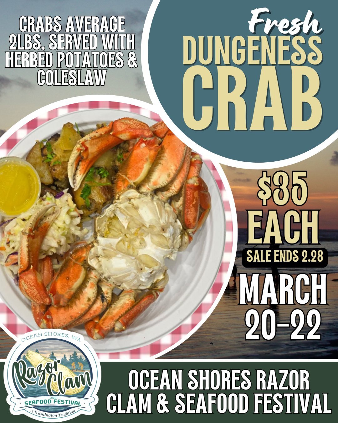 If you&rsquo;re headed to Ocean Shores March 20&ndash;22 for the Razor Clam &amp; Seafood Festival, consider this your official excuse to treat yourself 🦀 
Fresh Dungeness crab dinners are on sale now &mdash; but only through Saturday, February 28!
