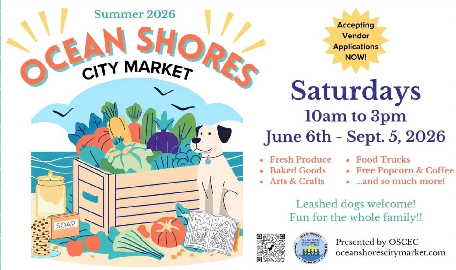 Just a reminder - if you are a vendor the Ocean Shores City Market is Now accepting applications for their season, beginning June 6 - Sept 5, 2026! 

You can find out all of the amazing details at their website: 
https://www.oceanshorescitymarket.com