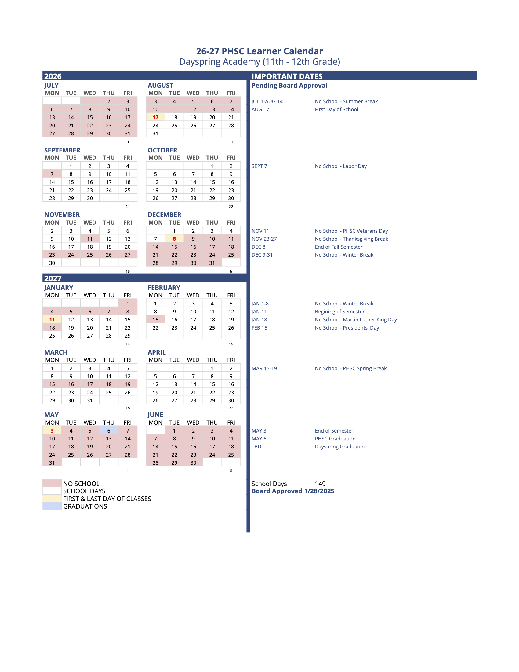 2026-2027 School Calendar — Dayspring Academy