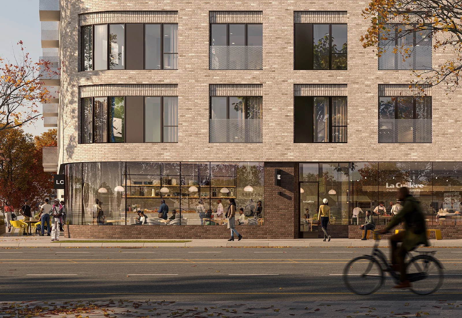 apartment building with tan brick and windows cafe