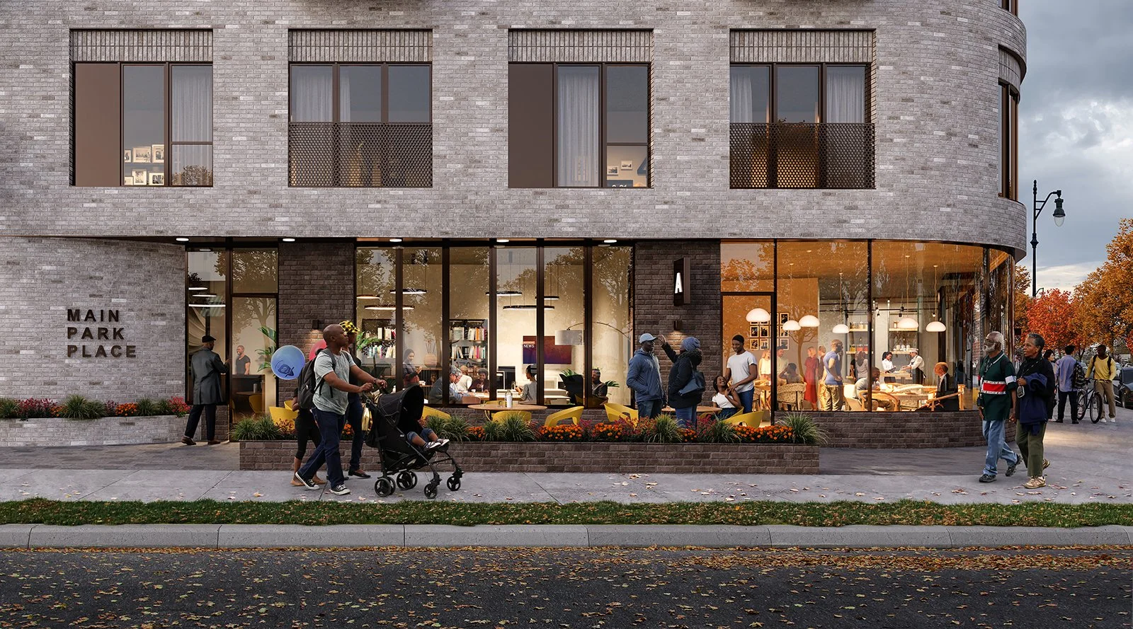 apartment building with tan brick and windows cafe
