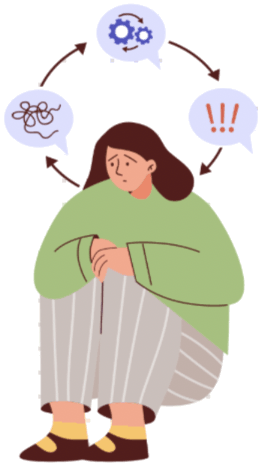 Illustration of a person sitting with anxious thoughts, showing a cycle of overthinking and emotional distress.