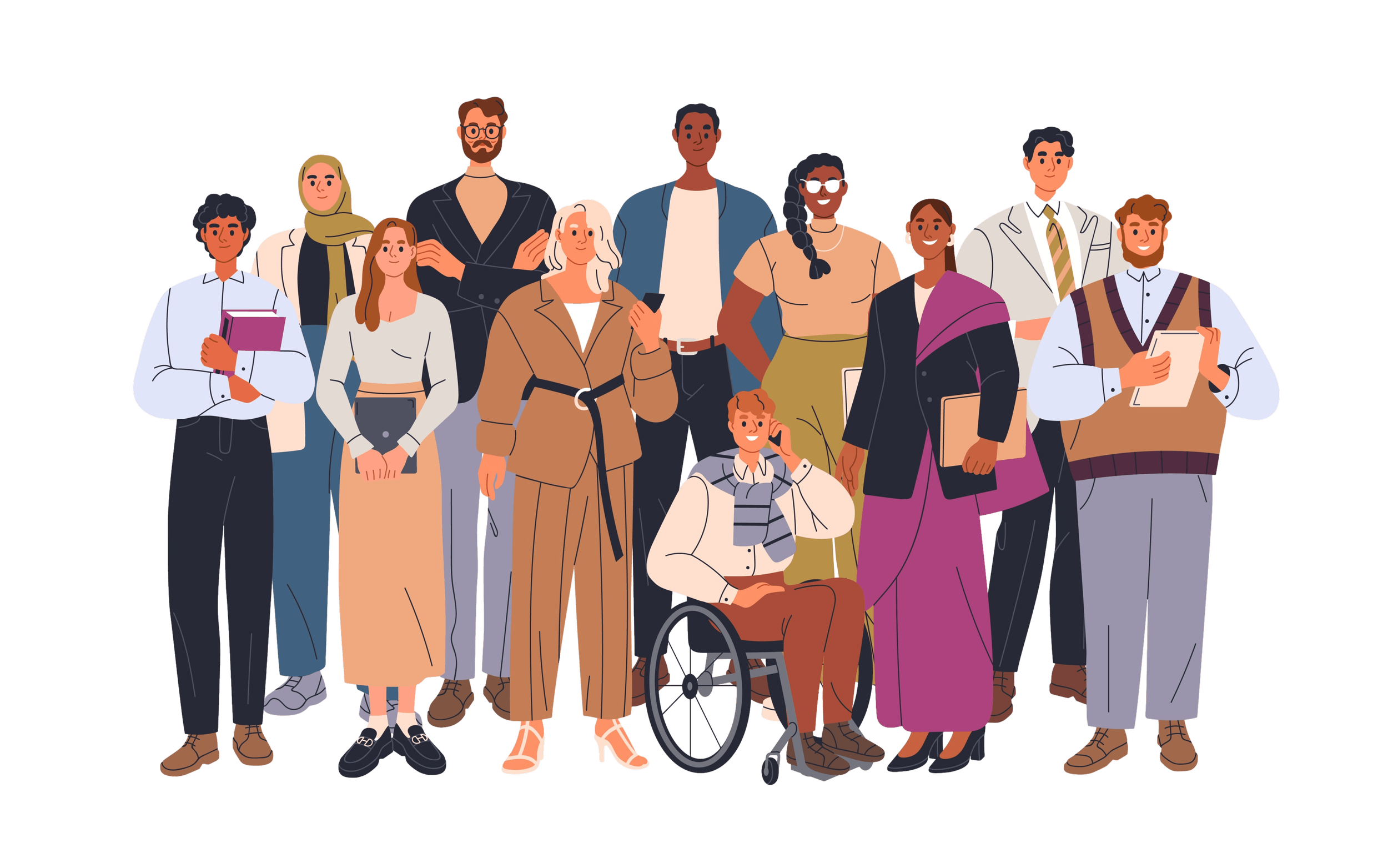 Illustration of a diverse group of people representing different ages, races, body sizes, gender identities, and abilities, reflecting the importance of creating an inclusive therapy practice for every client.