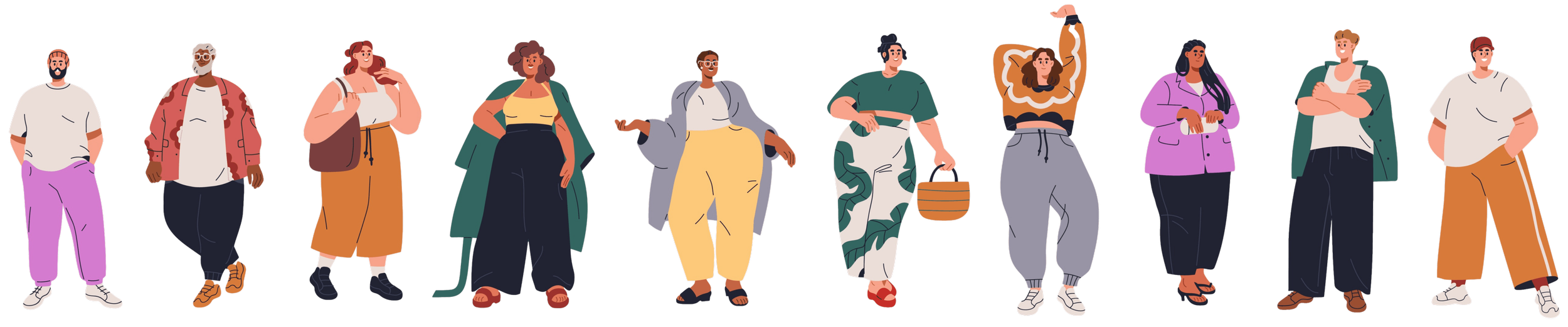 Illustration of people with diverse body sizes, ages, races, and abilities, representing body inclusivity and affirming that every body belongs in the therapy room.