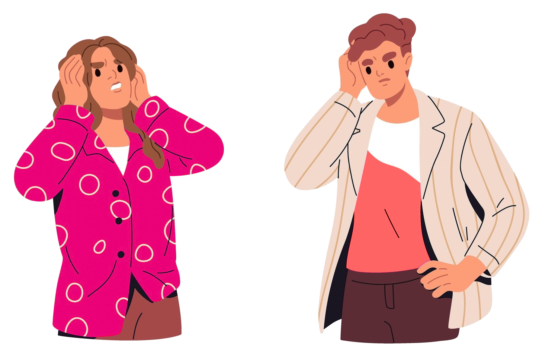 Illustration of a distressed woman holding her head and a concerned man touching his temple, representing different emotional responses to conflict and stress.