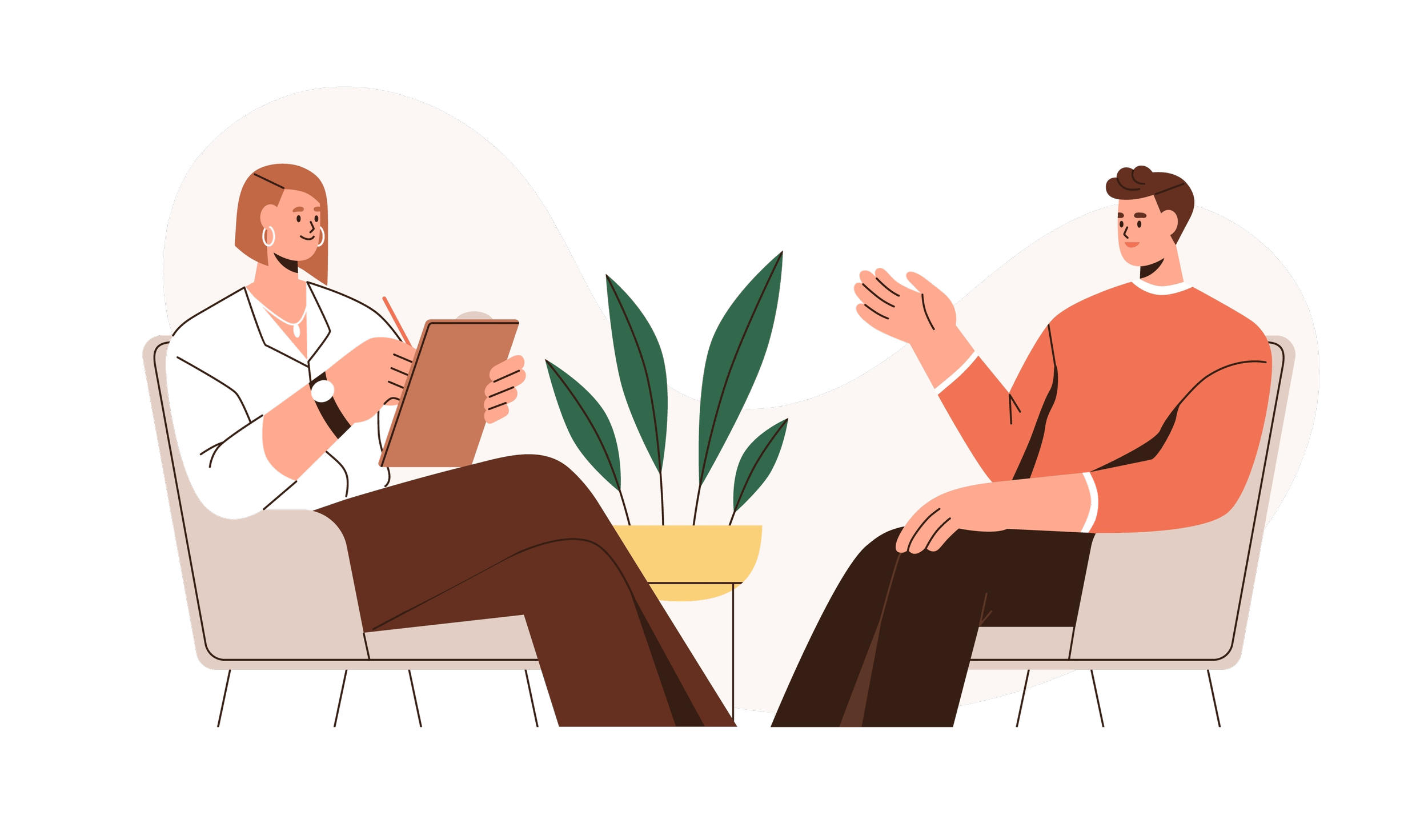 Illustration of a therapist and client engaged in a supportive therapy session, representing body-inclusive care built on curiosity, compassion, and nonjudgment.