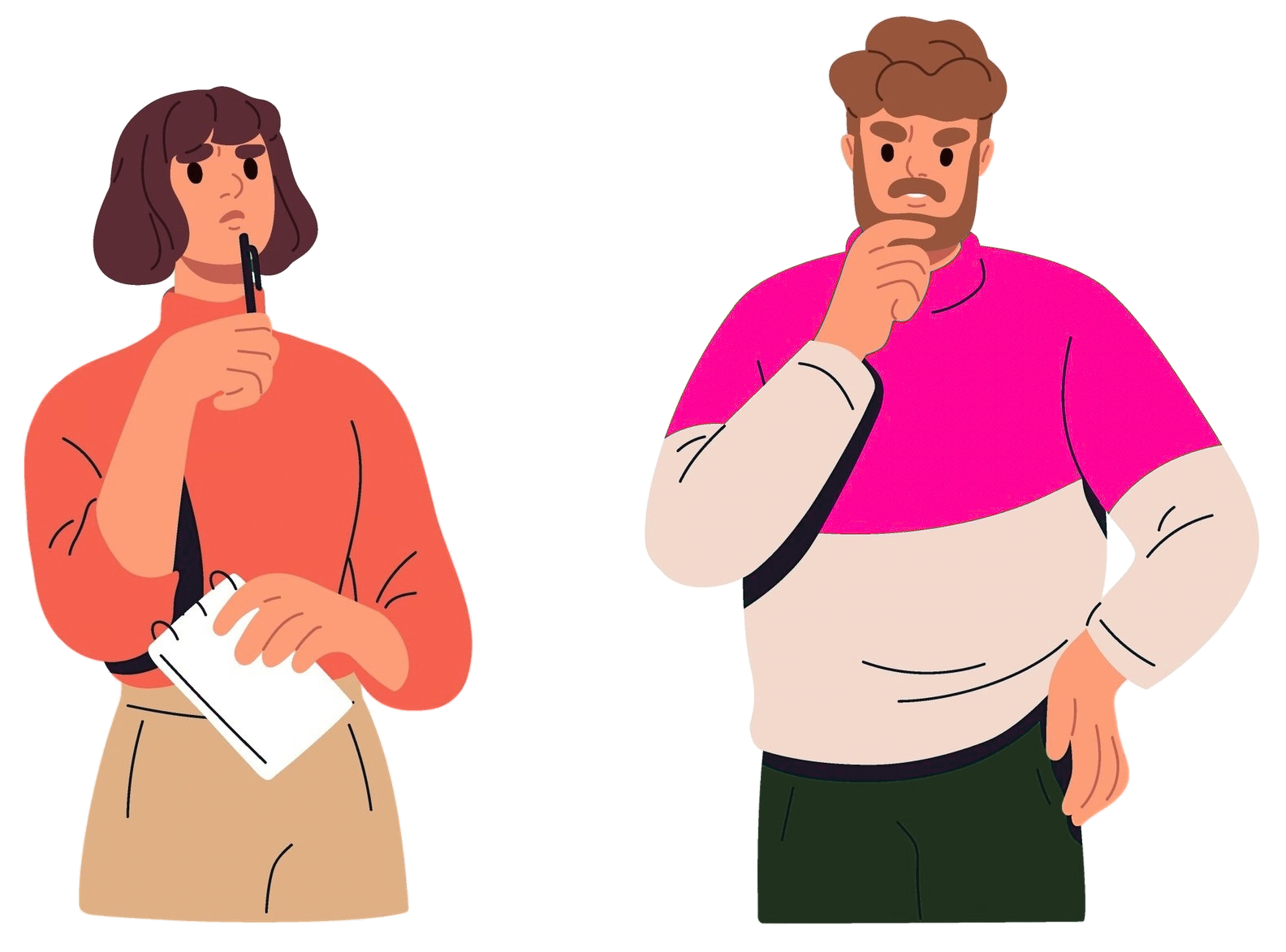 Illustration of a woman holding a notepad and a thoughtful man with his hand on his chin, representing self-reflection and understanding childhood coping patterns in adulthood.