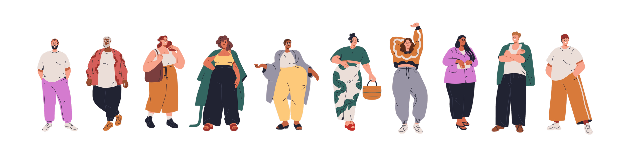 Illustration of people with diverse body sizes, ages, races, and abilities, representing body inclusivity and affirming that every body belongs in the therapy room.