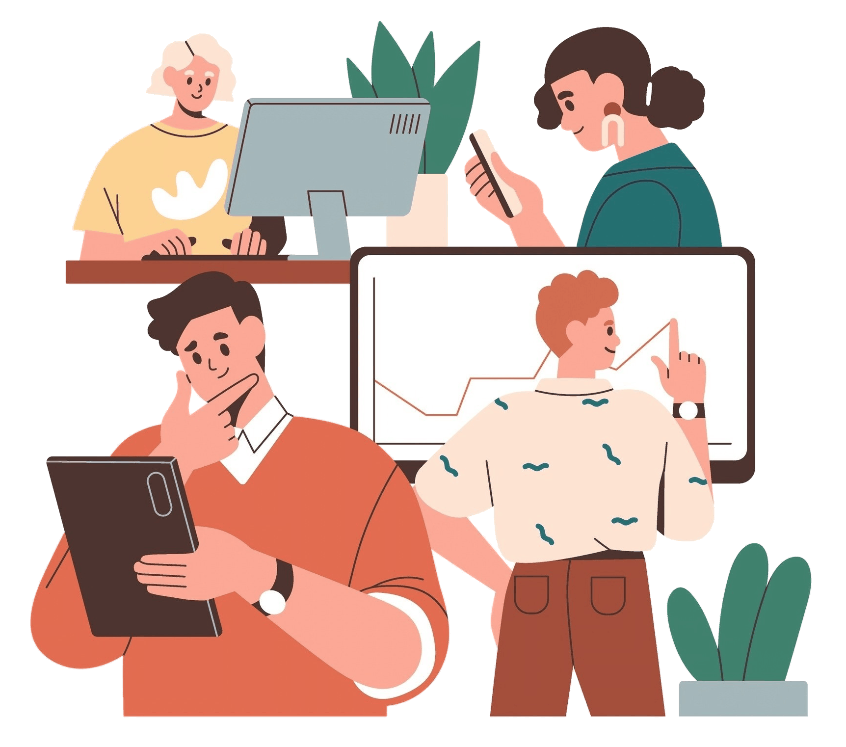 Illustration of three professionals collaborating around computers and a tablet, representing business planning, online marketing, and adapting to changes in private practice.