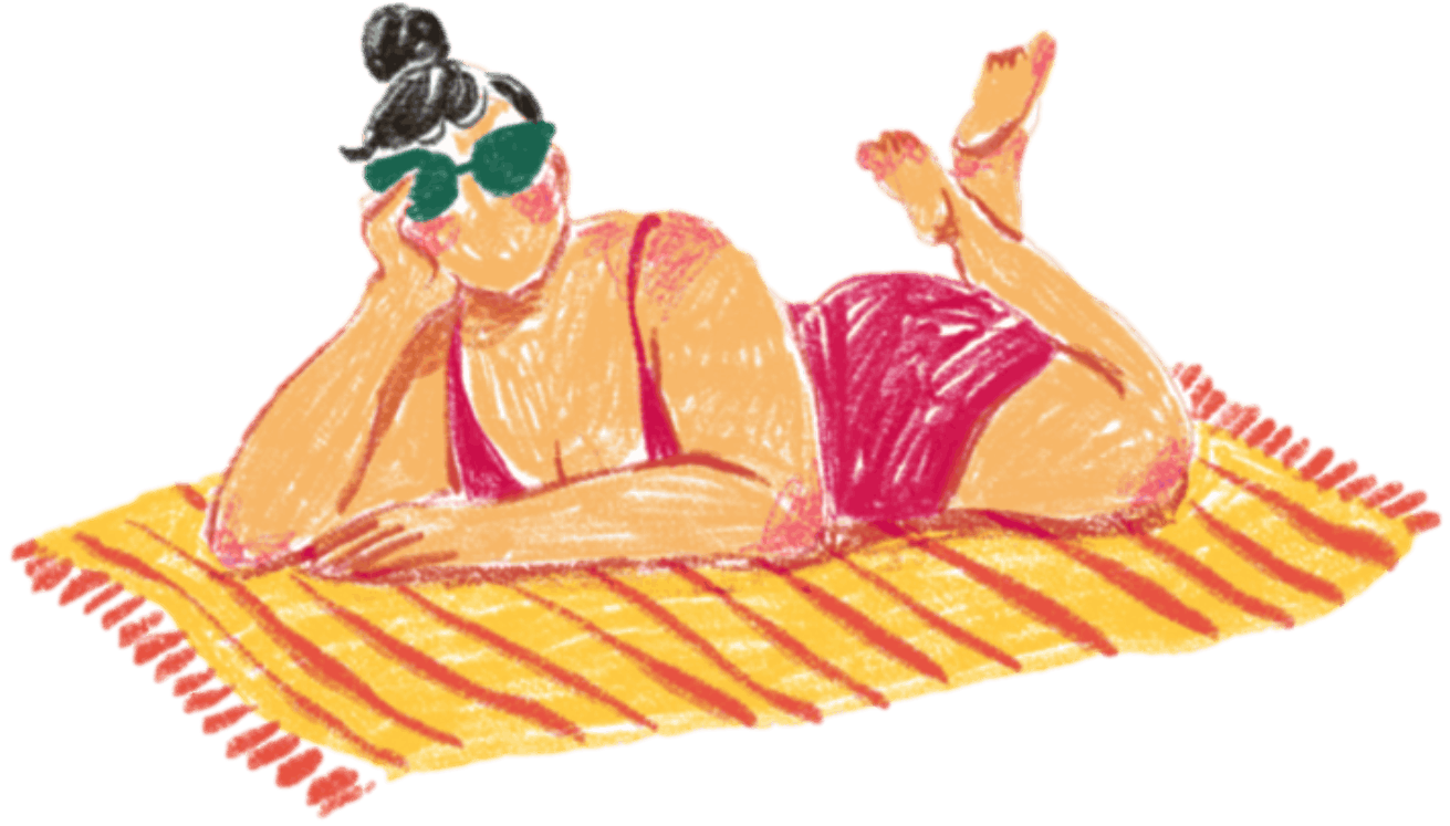 Illustration of a woman relaxing on a beach towel, representing body acceptance and enjoying summer without body shame.