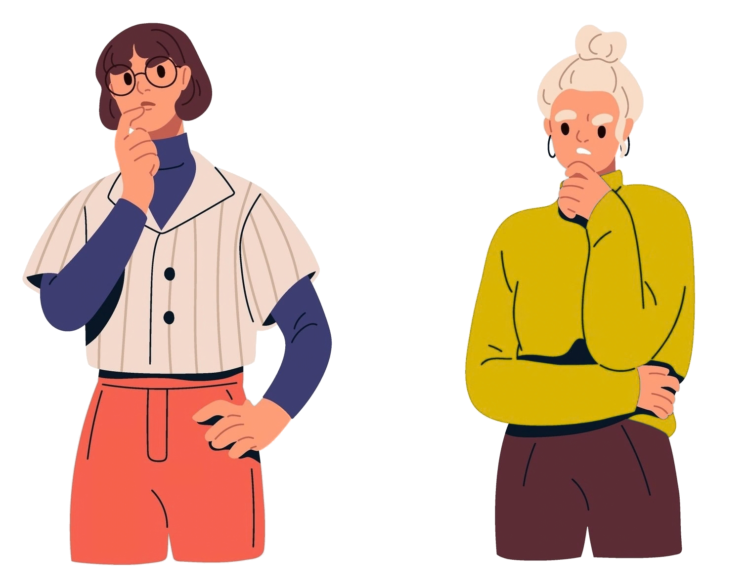 Illustration of two thoughtful women with their hands on their chins, representing different ways children process emotions and cope with family dynamics.