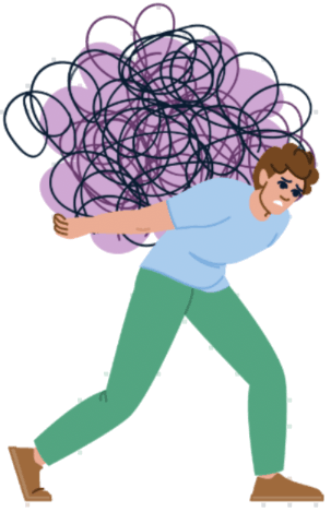 Illustration of a man carrying a heavy cloud of tangled thoughts, symbolizing mental overload and high-functioning anxiety