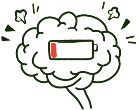 Simple illustration of a brain with a low battery icon, representing burnout and emotional exhaustion