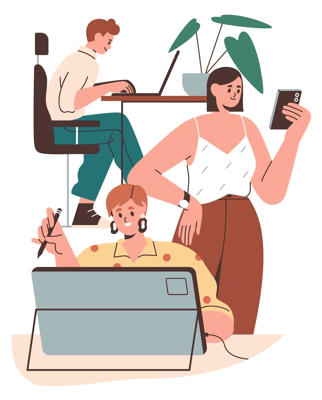 Illustration of three professionals working on laptops and smartphones, representing the growing importance of websites, technology, and digital marketing for therapists in private practice.