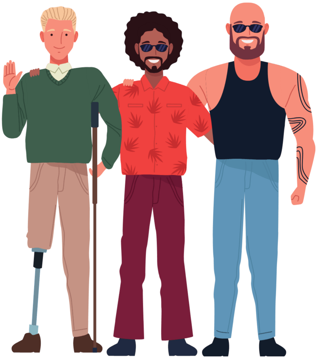 Illustration of diverse male friendship and companionship in adulthood.