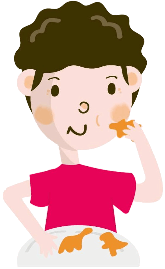Flat illustration of a child enjoying a meal, symbolizing intuitive eating and food freedom.