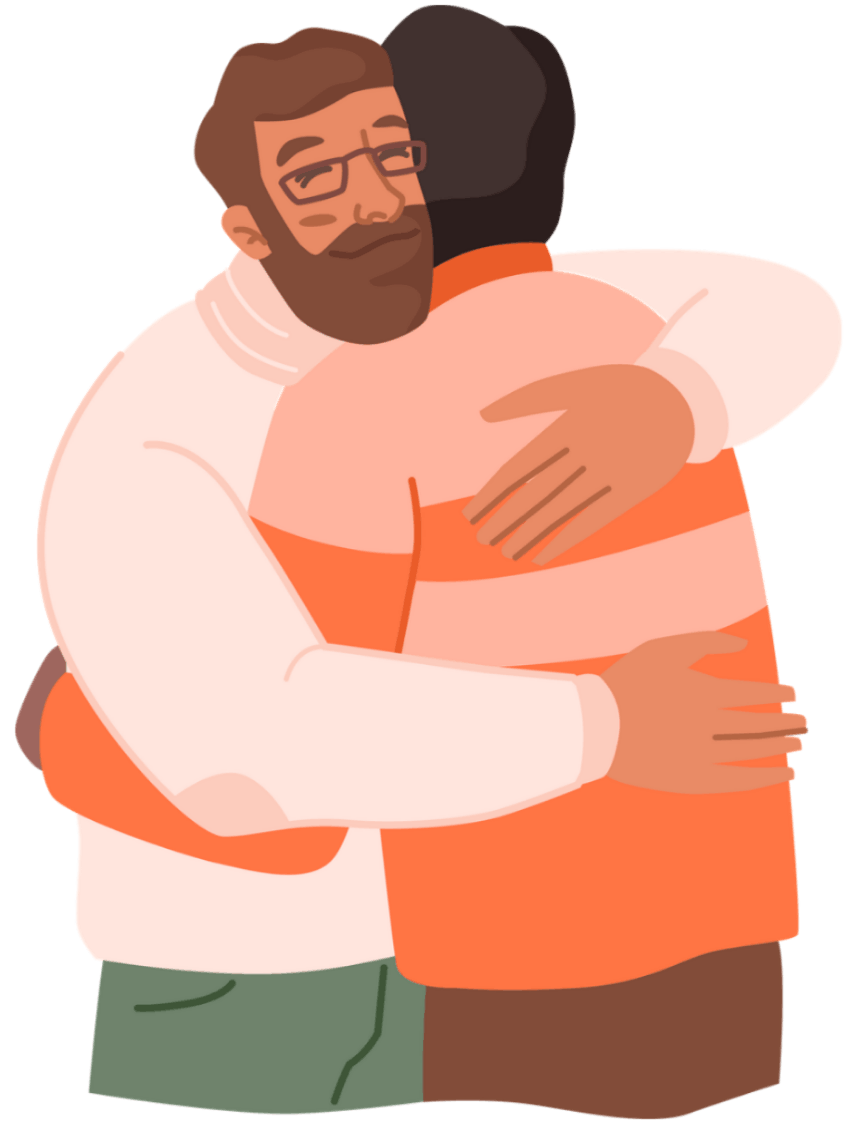 Flat illustration of two men embracing, symbolizing emotional support, friendship, and human connection.