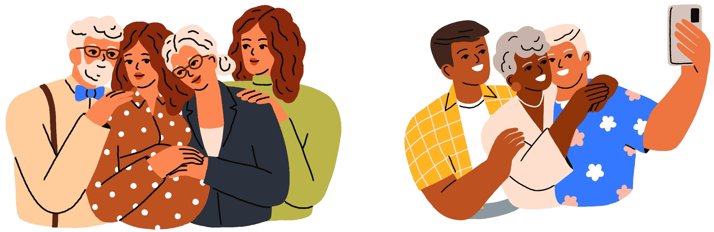 Illustration of two multigenerational families embracing and taking a selfie together, representing aging parents, family connections, and the passage of time.