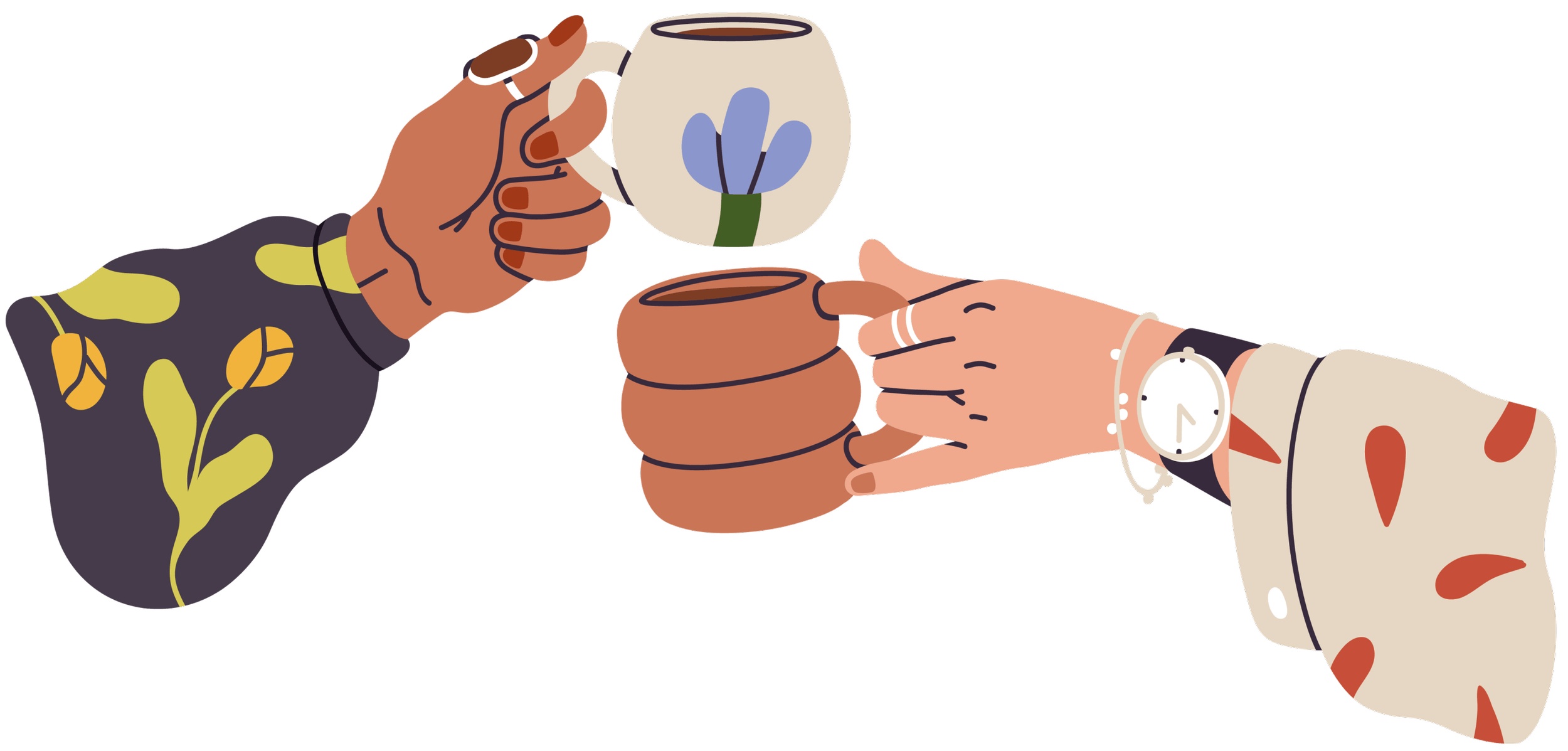 Illustration of two people holding coffee mugs together, representing compassion, connection, and making space for grief.