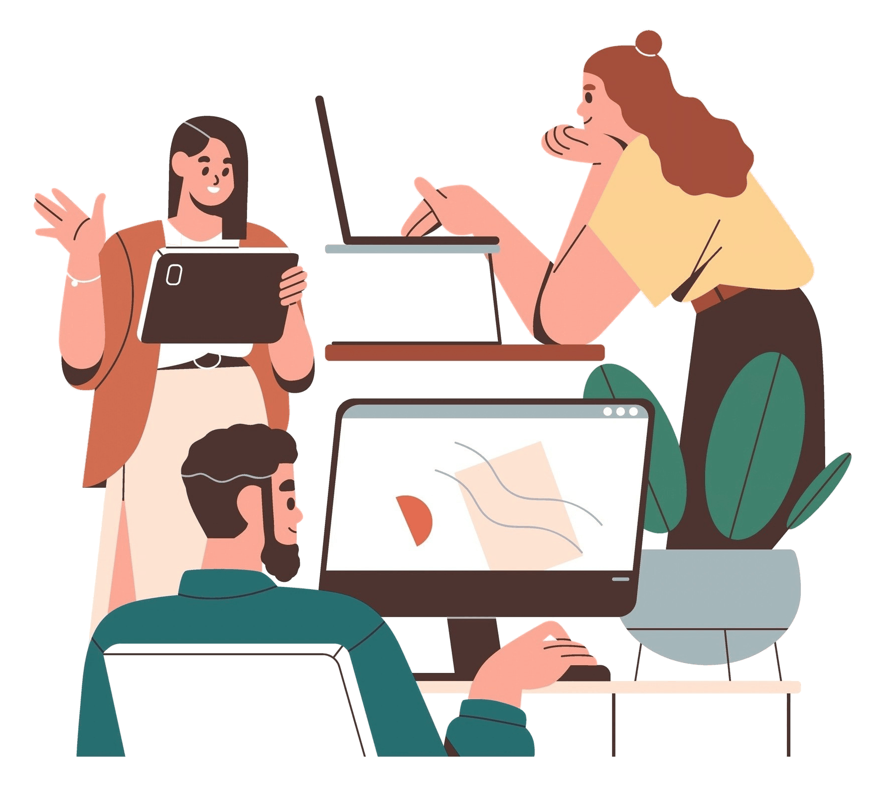 Illustration of four professionals using computers, tablets, and smartphones, with a growth chart representing digital marketing and online visibility for private practices.