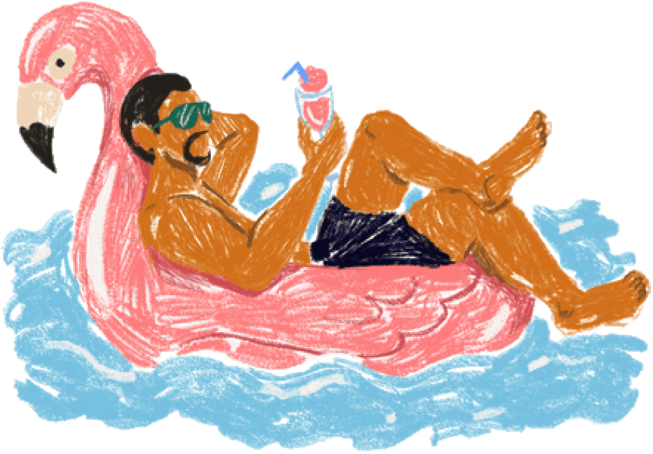 Illustration of a man relaxing on a flamingo pool float, enjoying summer without worrying about body image.