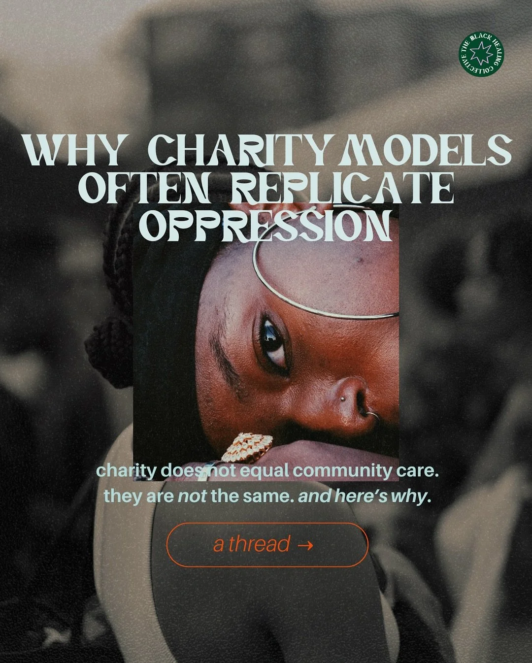 charity does NOT EQUAL community care.

charity LOOKS like help but often keeps power right where it is. community care, however, is collective. it&rsquo;s supportive. it&rsquo;s mutual. it&rsquo;s radical. 

it&rsquo;s about listening instead of dic