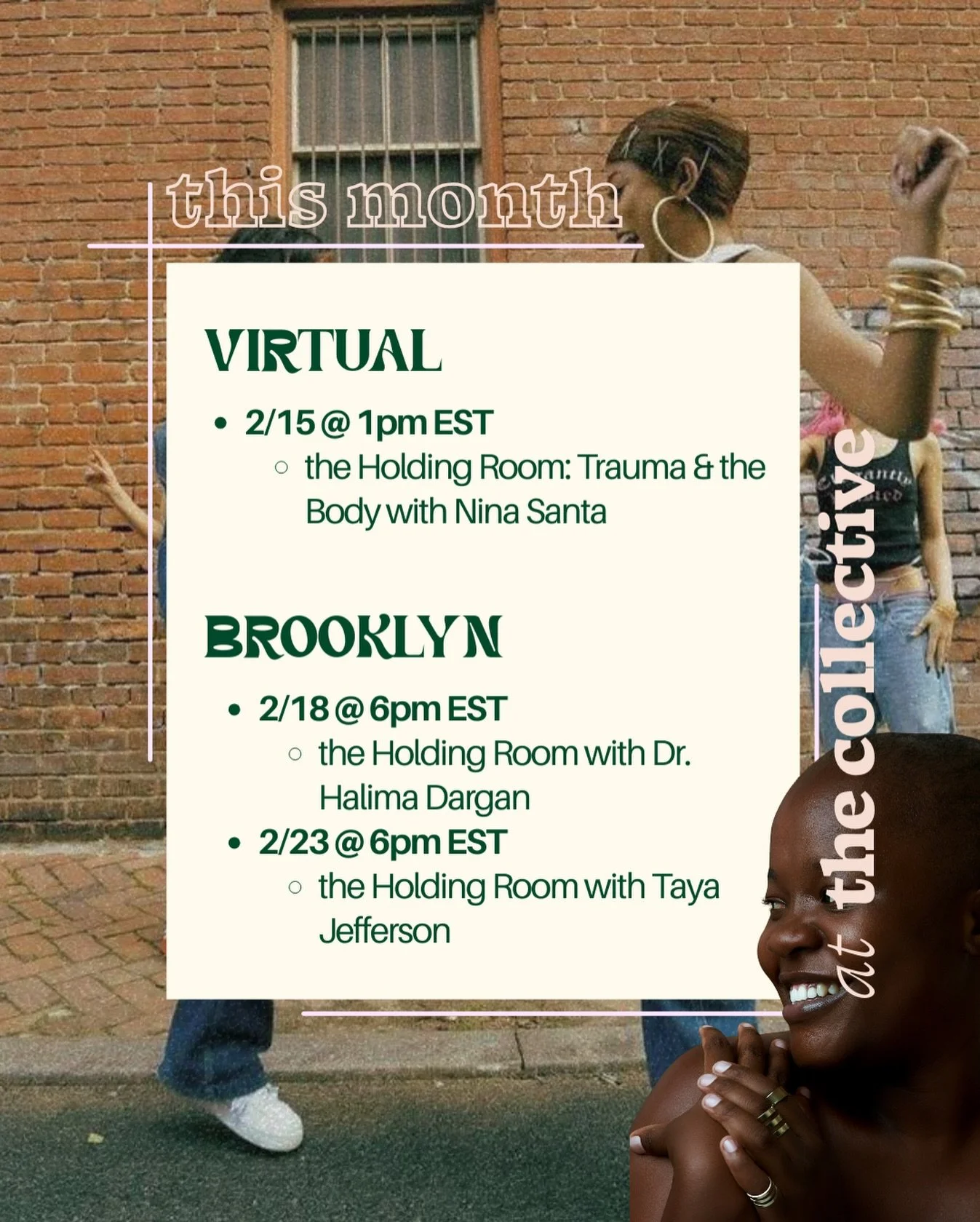 &ldquo;send this to the group chat if it&rsquo;s...cool&rdquo;

here&rsquo;s whats going down at the Collective this month; support groups are in full effect&mdash;we had a full group this past Sunday, pull up to the next one (space is limited).

we&