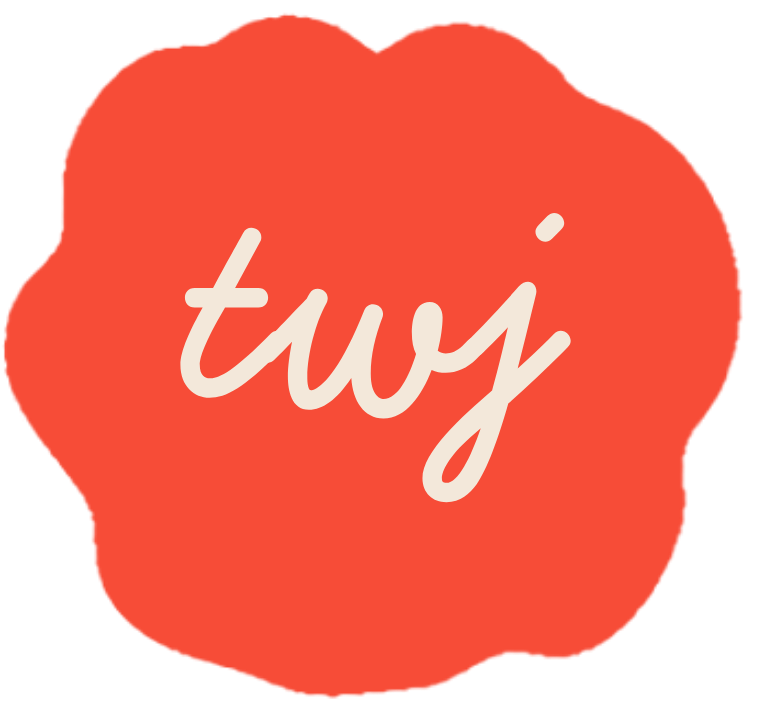 Red irregular shape with the word 'tuy' written in white cursive font in the center.