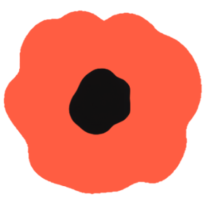 A stylized illustration of a red poppy flower with a black center.