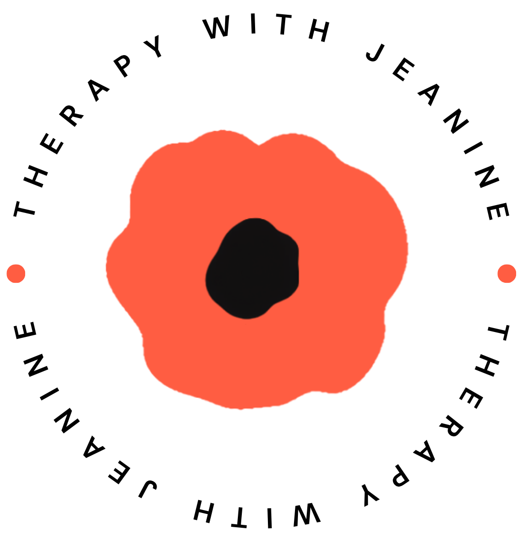 A stylized red poppy flower with a black center encircled with Therapy With Jeanine in black type.