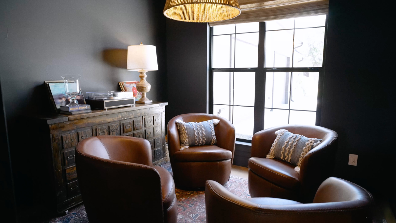 Color-drenched sitting room for Hill Country living, with Texas Living Homes in Fredericksburg, Texas and the Texas Hill Country